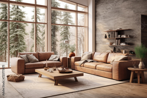 Farmhouse interior modern minimal living room with sofa and furniture light brown color © LFK