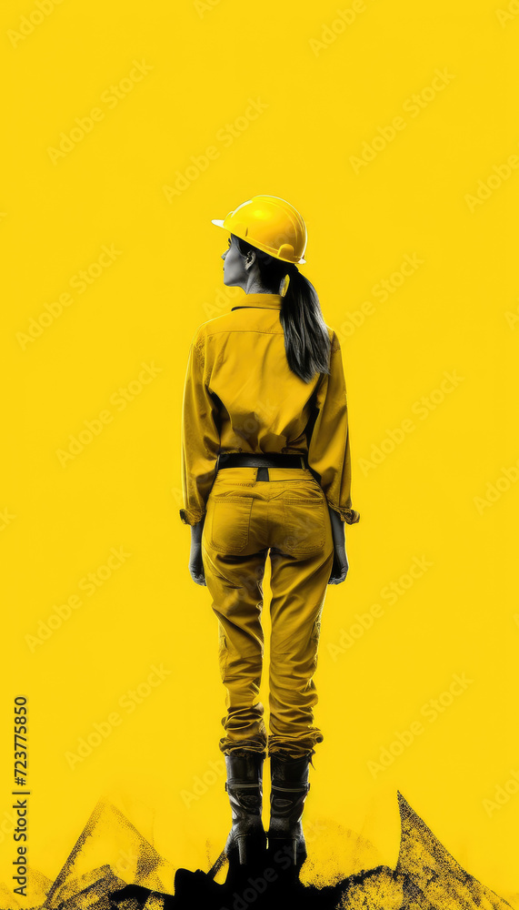 Female worker in hard hat on yellow background Female worker in hard hat on yellow background
