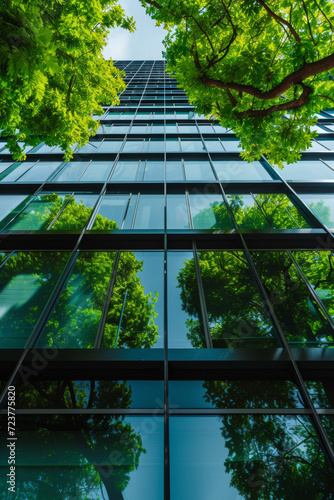 Modern sustainable building facade adorned with solar panels and lush vertical gardens, office building with tree for reducing carbon dioxide, Eco green environment.
