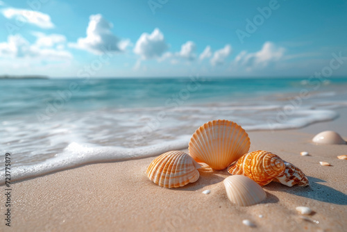 Tropical beach with various shells in sand. Concept of summer relaxation.