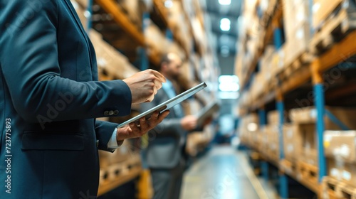 Close up medium body and hands of caucasian male manager in light warehouse distribution logistic centre holding tablet