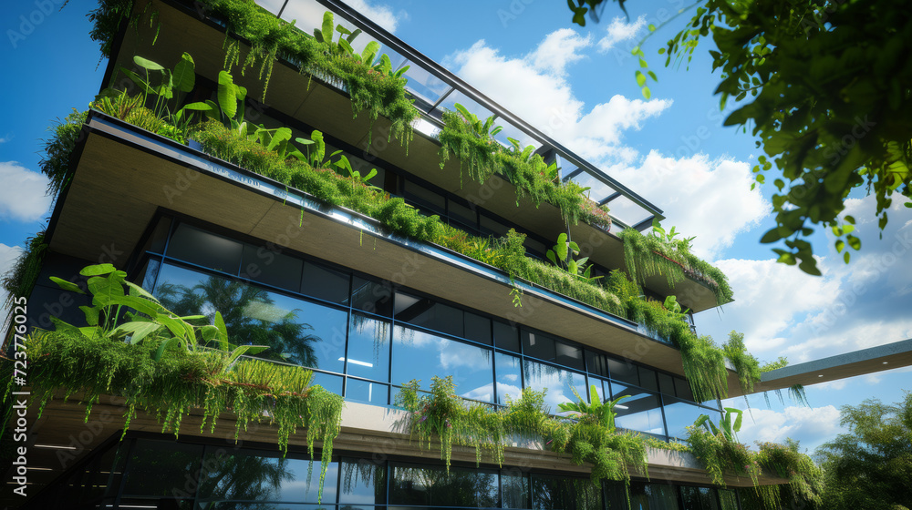 Modern sustainable building facade adorned with solar panels and lush vertical gardens, office building with tree for reducing carbon dioxide, Eco green environment.