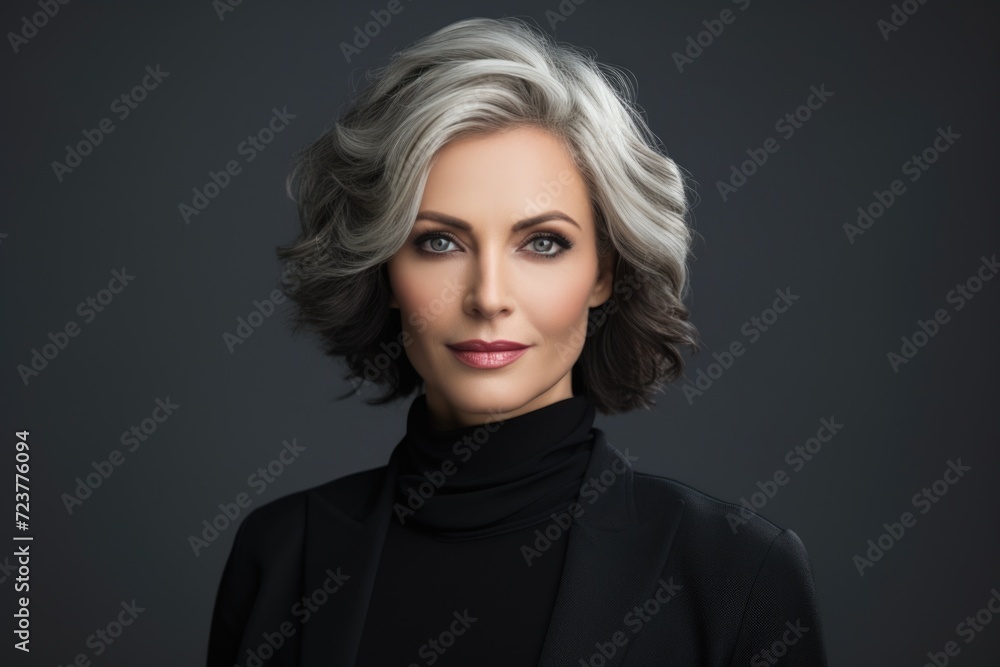Photo of a business 50 year old woman, wearing a simple blouse, eye contact, dark background