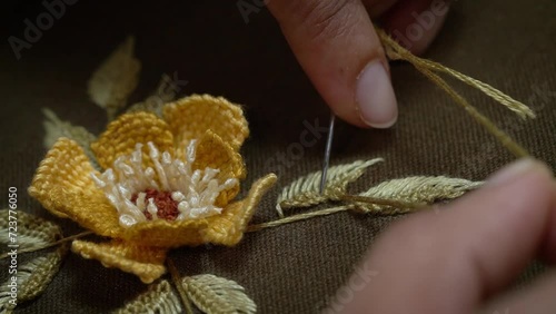 Floral Dimensions: Close-Up of Hands Stitching a 3D Flower