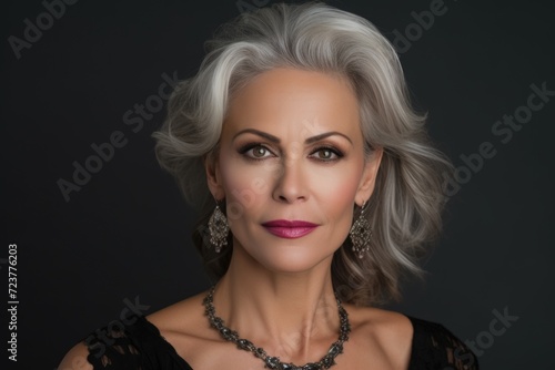 Photo of a business 50 year old woman, wearing a simple blouse, eye contact, dark background