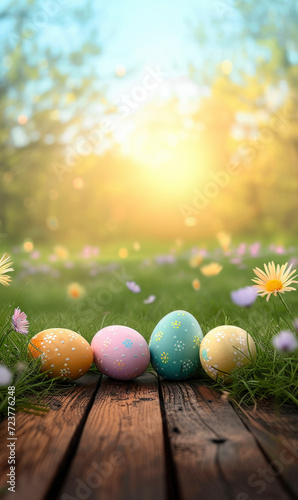 A collection of painted easter eggs celebrating a Happy Easter in long grass with a wooden bench to display products on with a bright spring sunny day