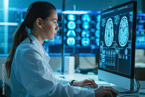 Skilled female doctor meticulously examining brain scans on computer screen. Medical worker exemplifies expertise in neurological conditions in hospital lab