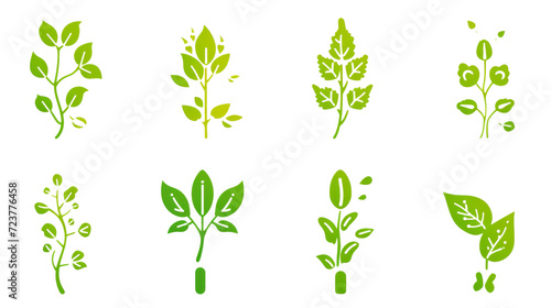 Collection of green and yellow leaf icons in flat design style.