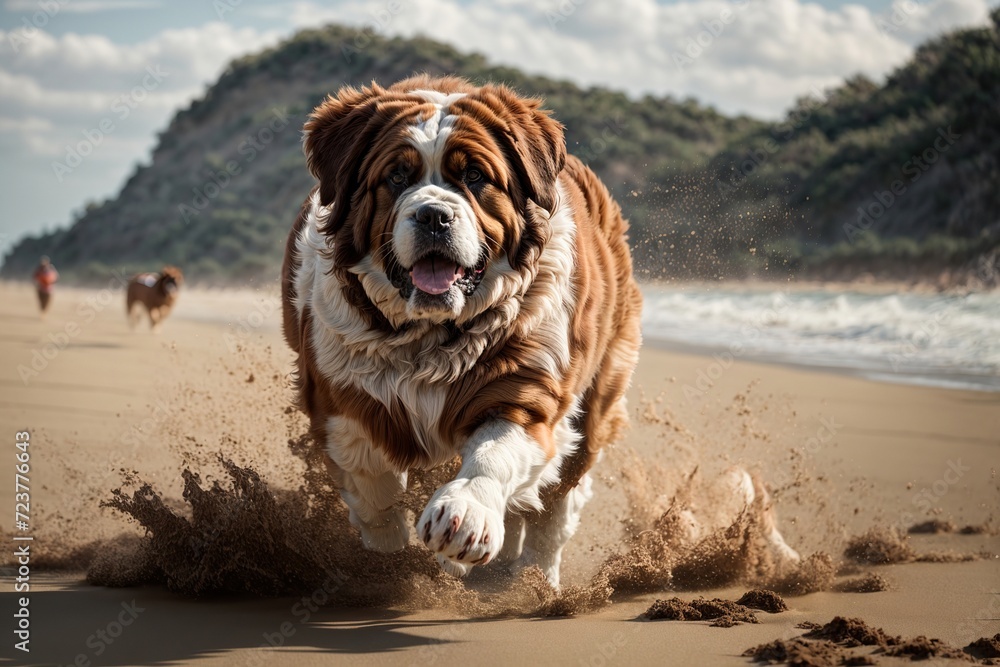 A strong, agile Rough Collie dog running on the beach