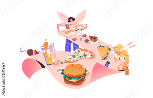 Overeating, gluttony concept. Girl obsession of consume lots of unhealthy fast food. Binge eating. Psychological disorder, nutrition problems. Flat isolated vector illustration on white background