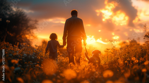 Close views of a family and their dog's cheerful moments in a sunny meadow