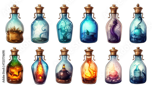 A collection of vibrant, cartoon-styled potion bottles in various colors and bubbling contents, corked and uncorked. Game design assets, isolated on transparent background