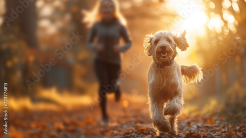 Woman and dog enjoying a springtime run in the park, outdoor fitness