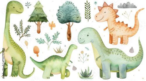 Fototapeta Naklejka Na Ścianę i Meble -  Collection of watercolor dinosaurs and plants, with a whimsical, child-friendly style.