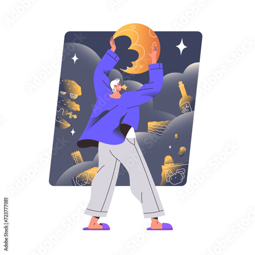 Gluttony, overeating concept. Character eating food at night. Unhealthy nutrition at late time. Hunger control problem. Psychological disorder. Flat isolated vector illustration on white background
