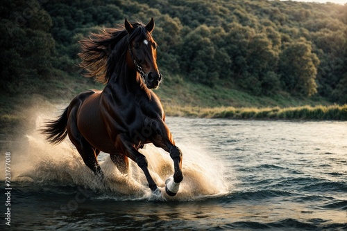 Galloping black horse running in the water photo