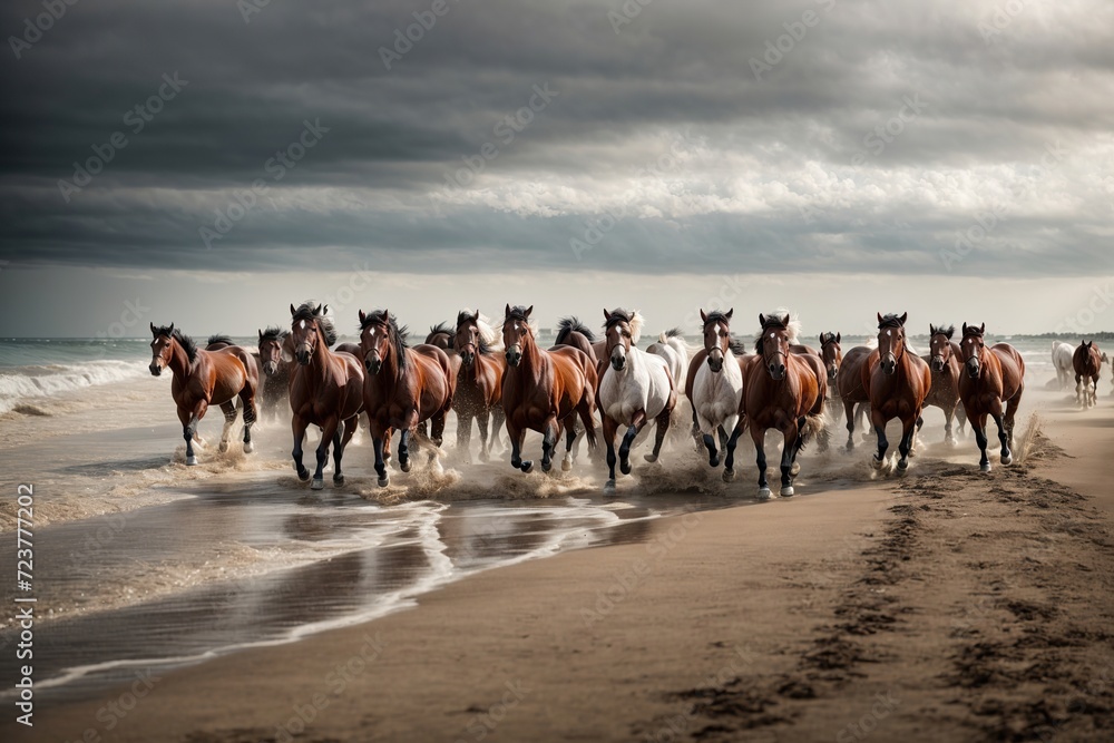 a group of white, black, and red horses sprinting along the stormy beach