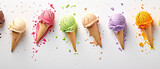 Assorted colorful ice cream cones mid-air with vibrant sprinkles and playful color bursts against a white backdrop