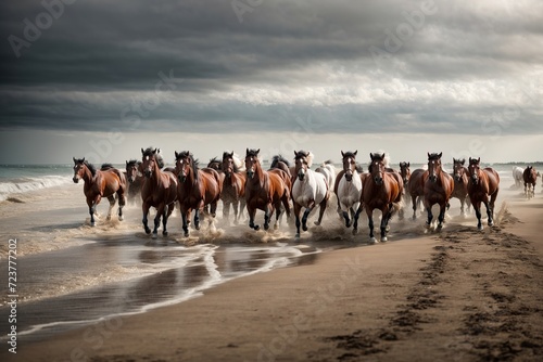 a group of white  black  and red horses sprinting along the stormy beach