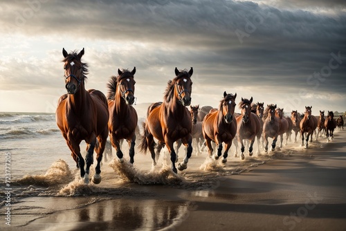 horses racing on the beach among a herd of red, black, and white horses