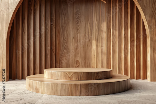 Minimalist Wooden Podium in Arched Niche Design ,A minimalist wooden podium staged within an elegantly curved wooden arched niche, perfect for product display or interior design concepts.
