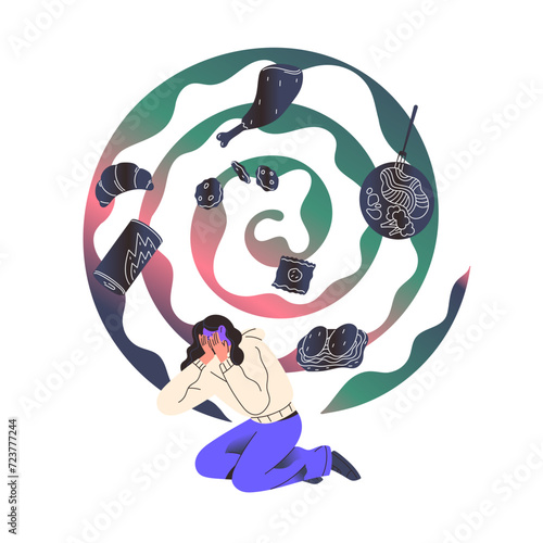 Eating disorder concept. Girl with overeating control trouble. Woman obsession of food. Cycle of unhealthy nutrition. Psychological problems. Flat isolated vector illustration on white background