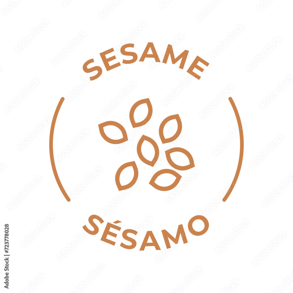 Simple Isolated Vector Logo Badge Ingredient Warning Label. Colorful Allergens icons. Food Intolerance Sesame. Written in Spanish and English Simple Isolated Vector Logo Badge Ingredient Warning Label. Colorful Allergens icons. Food Intolerance Sesame. Written in Spanish and English