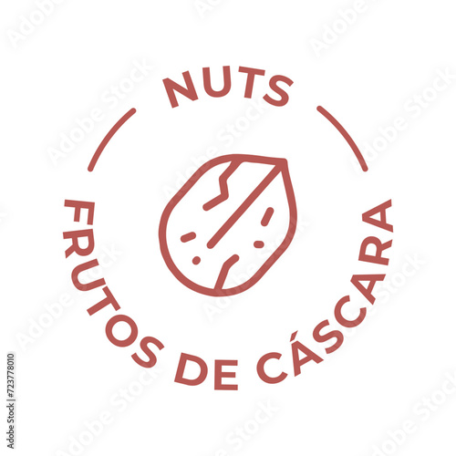 Simple. Isolated Vector Logo Badge Ingredient Warning Label. Colorful Allergens icons. Food Intolerance Nuts. Written in Spanish and English