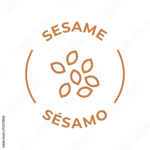 Simple Isolated Vector Logo Badge Ingredient Warning Label. Colorful Allergens icons. Food Intolerance Sesame. Written in Spanish and English