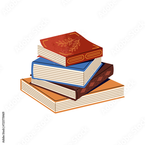 Paper book stack with ornamented cover. Pile of decorated novels, heap of thick fictions. Private library of study literature. Education sticker. Reading flat isolated vector illustration on white