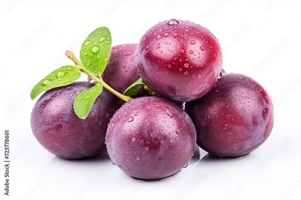 Close-up of plums with water drops on them, isolated plums.