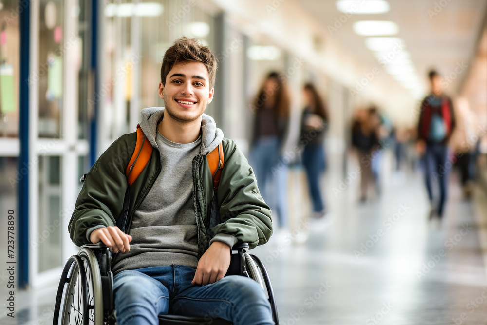 Male student in the school hallway in a wheelchair Male student in the school hallway in a wheelchair
