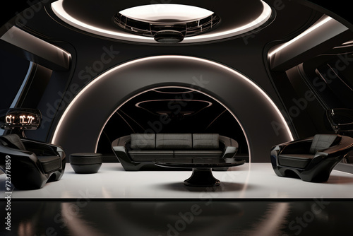 Futuristic modern living room interior with black color armchairs and decors