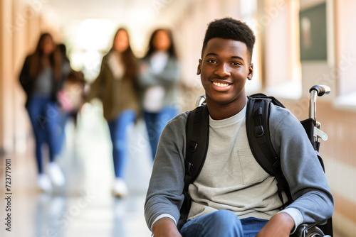 Male student in the school hallway  in a wheelchair