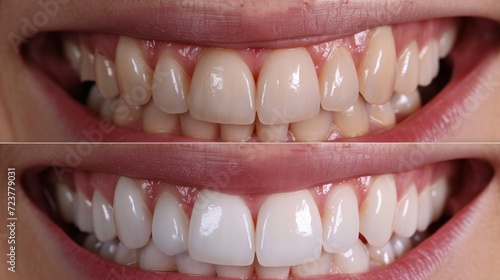 Perfect smile before and after bleaching procedure whitening of zircon arch ceramic prothesis Implants crowns. Dental restoration treatment clinic patient. Result of oral surgery dentistry,