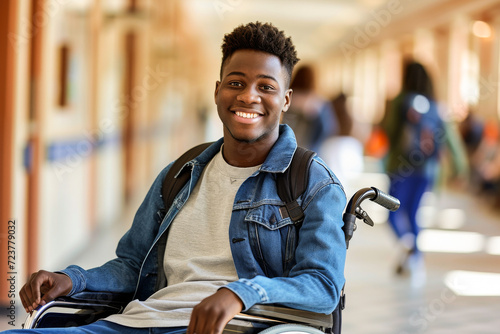 Male student in the school hallway  in a wheelchair