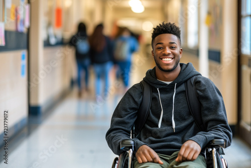 Male student in the school hallway in a wheelchair