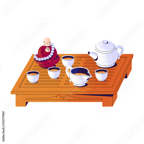 Traditional tea ceremony. Herbal drink cups, asian teapot, buddha statue on wooden table. Pottery mugs with chinese beverage. Oriental culture. Flat isolated vector illustration on white background