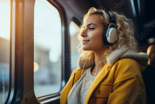 Generative ai photo picture of happy young person traveling and listening to music outdoors © Tetiana