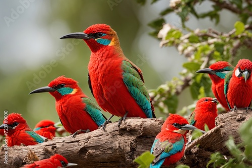 Red birds, Colorful Southern Carmine bee-eater near lake  photo