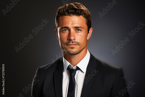 Young male confident businessman, dark background isolate. Successful professional in suit, tie, entrepreneur. © Serhii