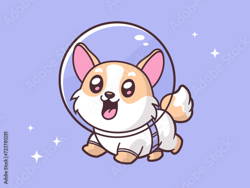 Cute corgi dog astronaut character in space vector cartoon illustration