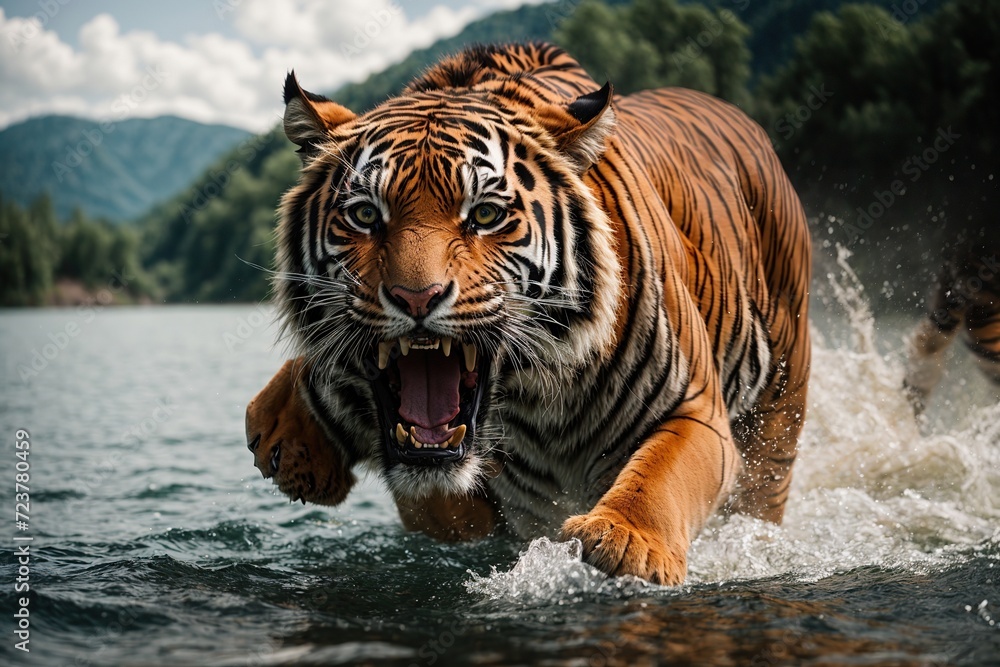 sumatra tiger roaring on the lake