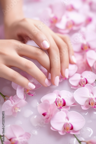 Close up shot of woman's hand in beauty and manicure salon. Female nail art design with pink orchid flowers in pastel tones.