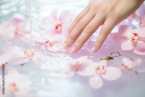 Close up shot of woman's hand in beauty and manicure salon. Female nail art design with pink orchid flowers in pastel tones.