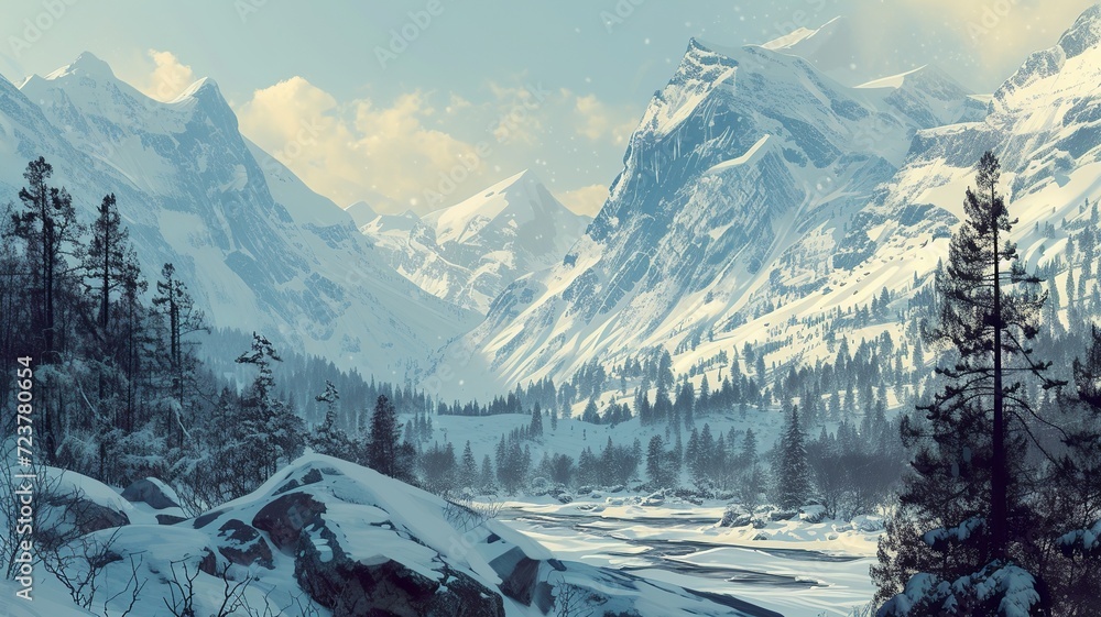 a wonderful image made by artificial intelligence of a winter landscape with snowy mountains - obrazy, fototapety, plakaty 