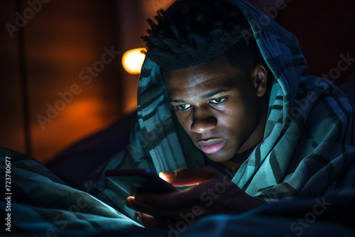 AI generated picture of man checking smartphone at night and scrolling through social media