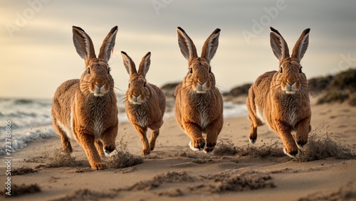 four hares, rabbits running through a on the beach