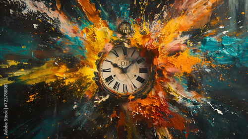 Capturing the essence of time's fleeting nature, an explosive concept unfolds through a clock where splatters of paint burst outward. Generative Ai, Ai