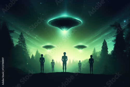 Green spaceships and non-human biological creatures, silhouette UFO illustrations. Generative ai